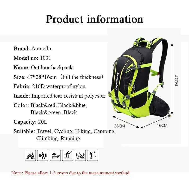 Waterproof Cycling Backpack 20L Unisex Hiking Running Hydration Bladder Bag Black