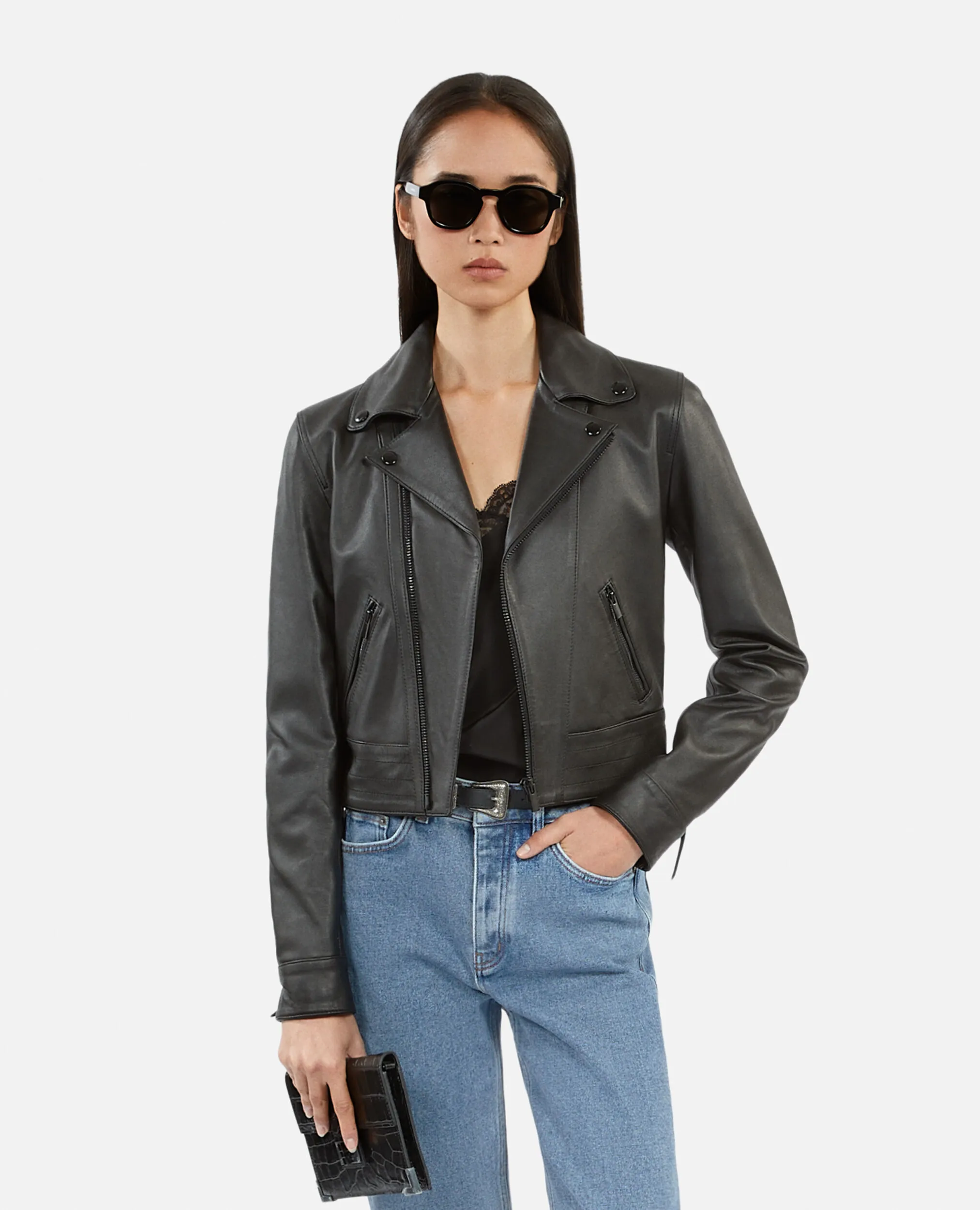 Black leather studded bomber jacket.