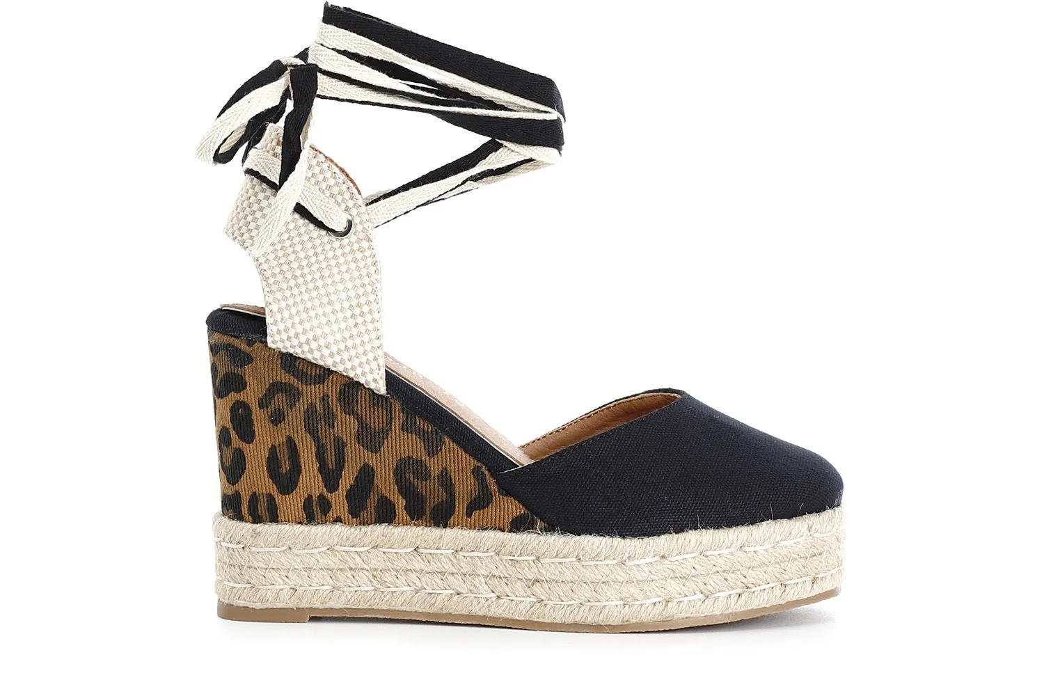 CafèNoir black fabric wedge sandals with rope sole.
