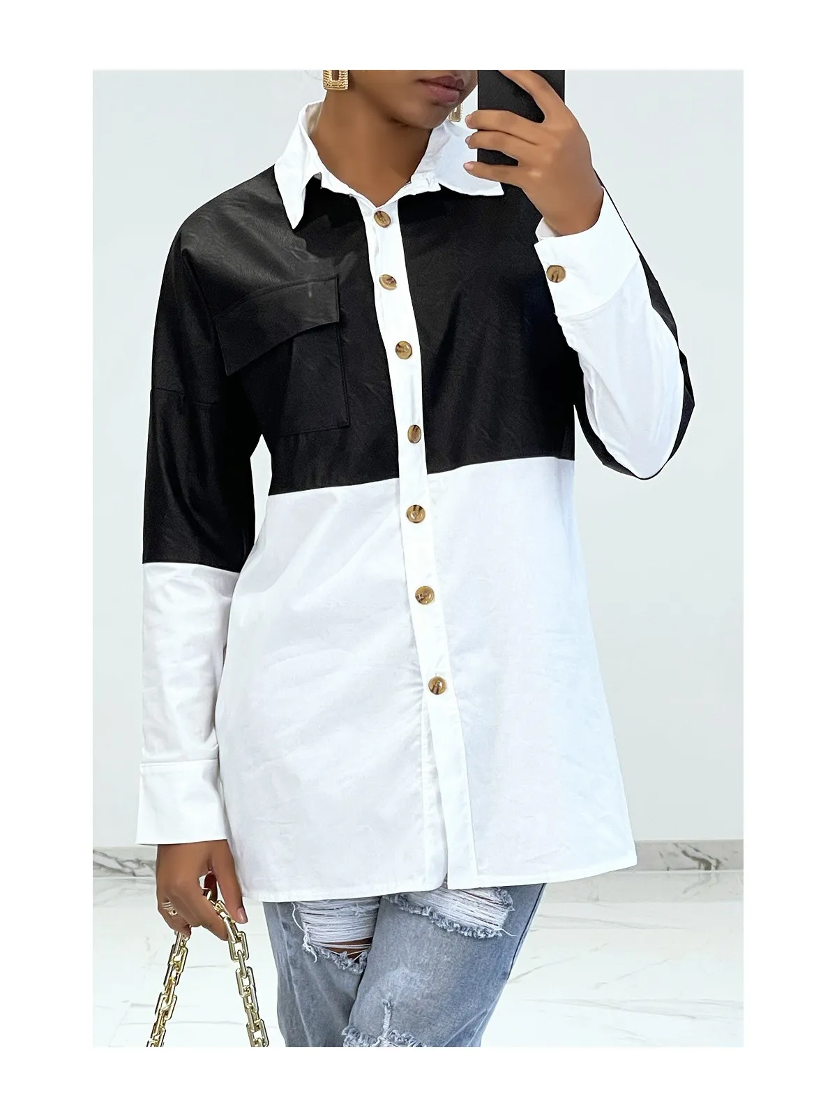 White Oversized Two-Tone Shirt with Black Leather Panel.