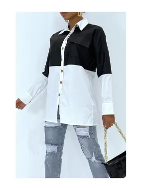 White Oversized Two-Tone Shirt with Black Leather Panel.