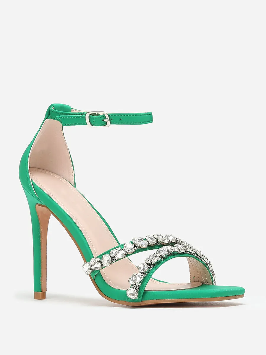 Fabric Sandals with Rhinestones and Sleek Heel - Green