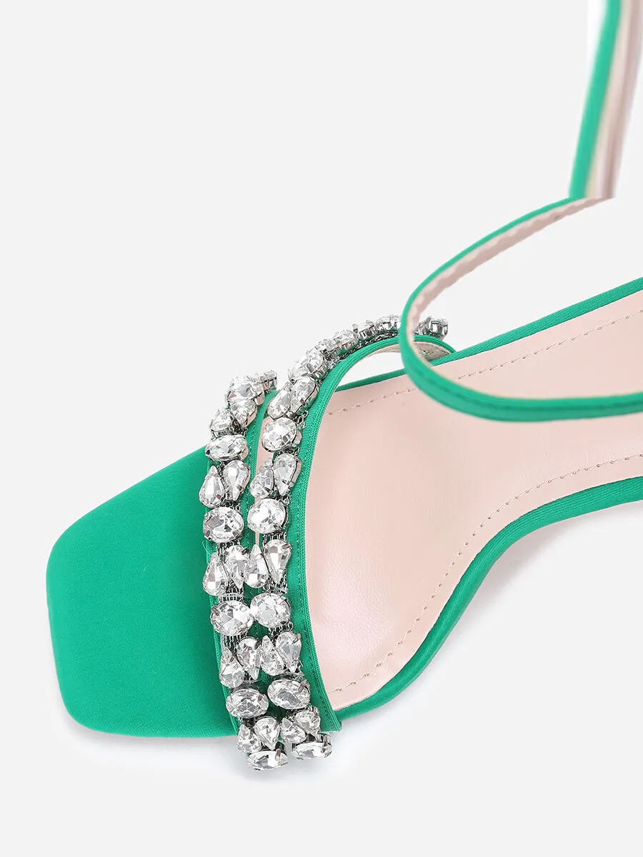 Fabric Sandals with Rhinestones and Sleek Heel - Green