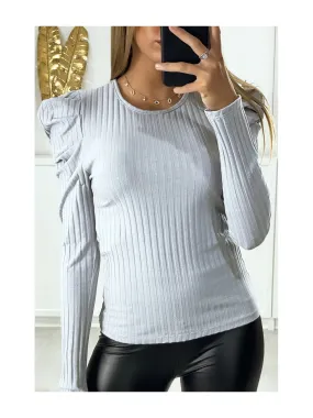 Gray ribbed material puffy shoulder top
