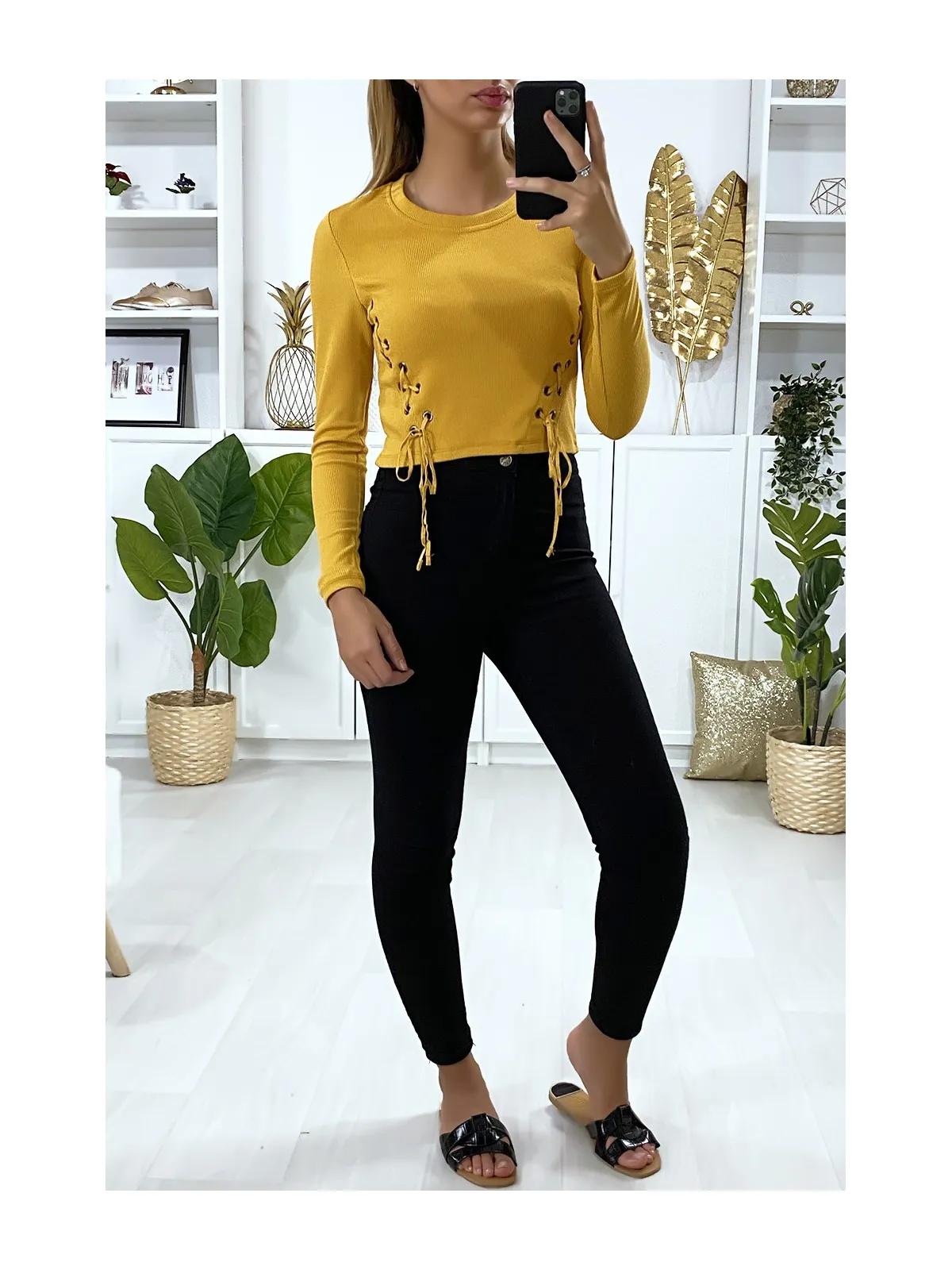 Mustard Ribbed Long Sleeve Top with Lace - Shop Now.