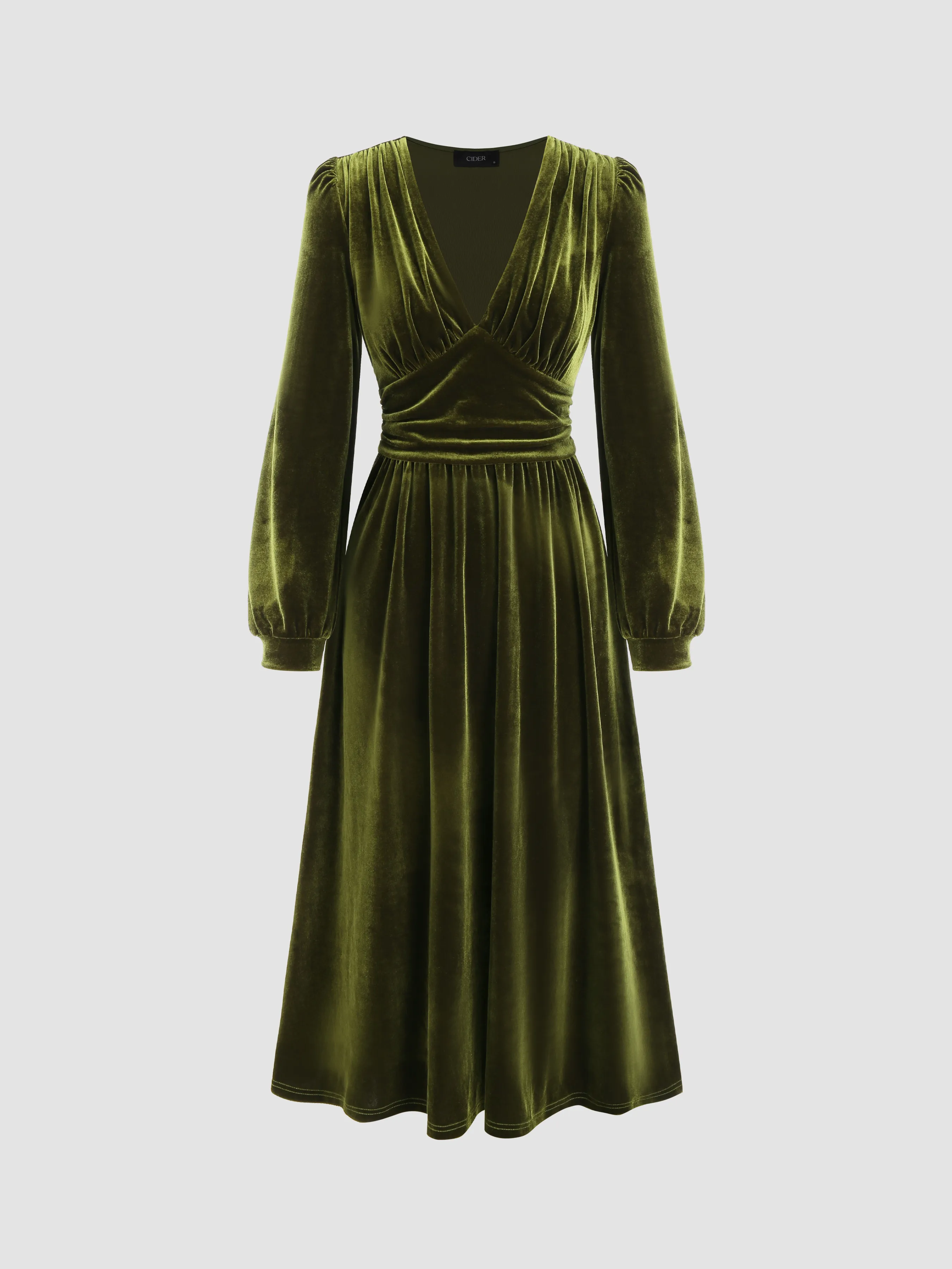 Long Sleeve Solid Color Fitted Midi Dress with Ruched Sleeves and Side Slit