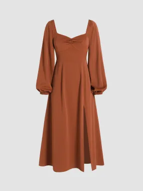 Long Sleeve Solid Color Fitted Midi Dress with Ruched Sleeves and Side Slit