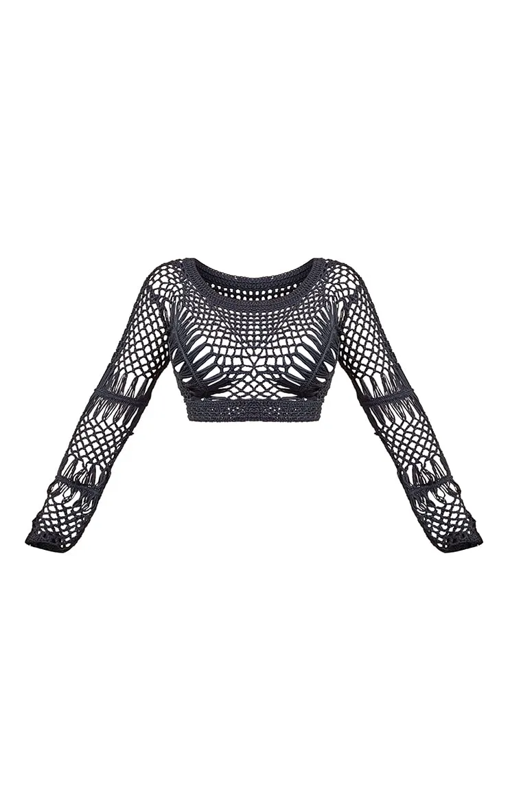 Black Long Sleeve Crochet Knit Crop Top