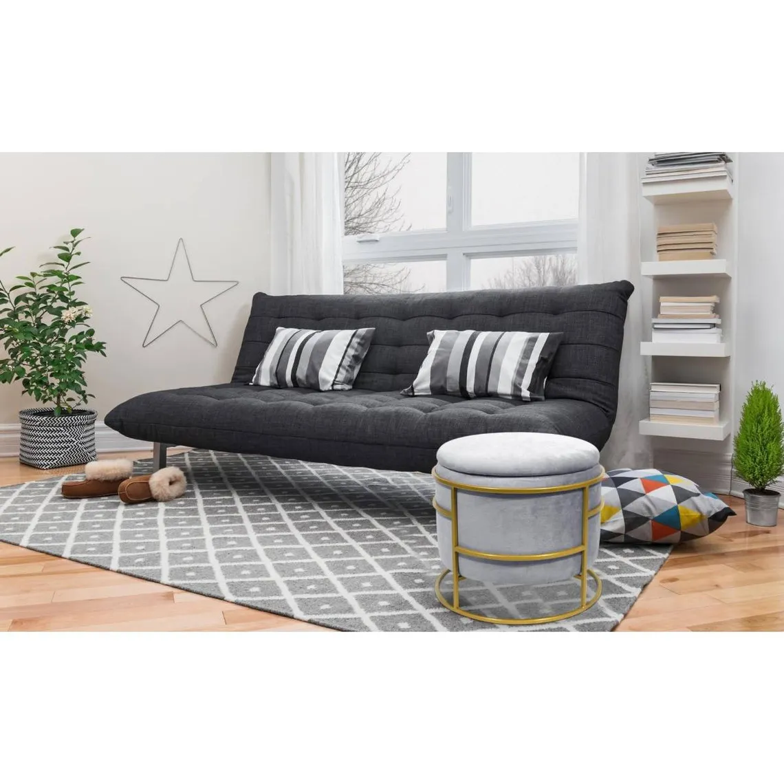 Pouf Ottoman Silver Velvet Round Storage | 3 Suisses