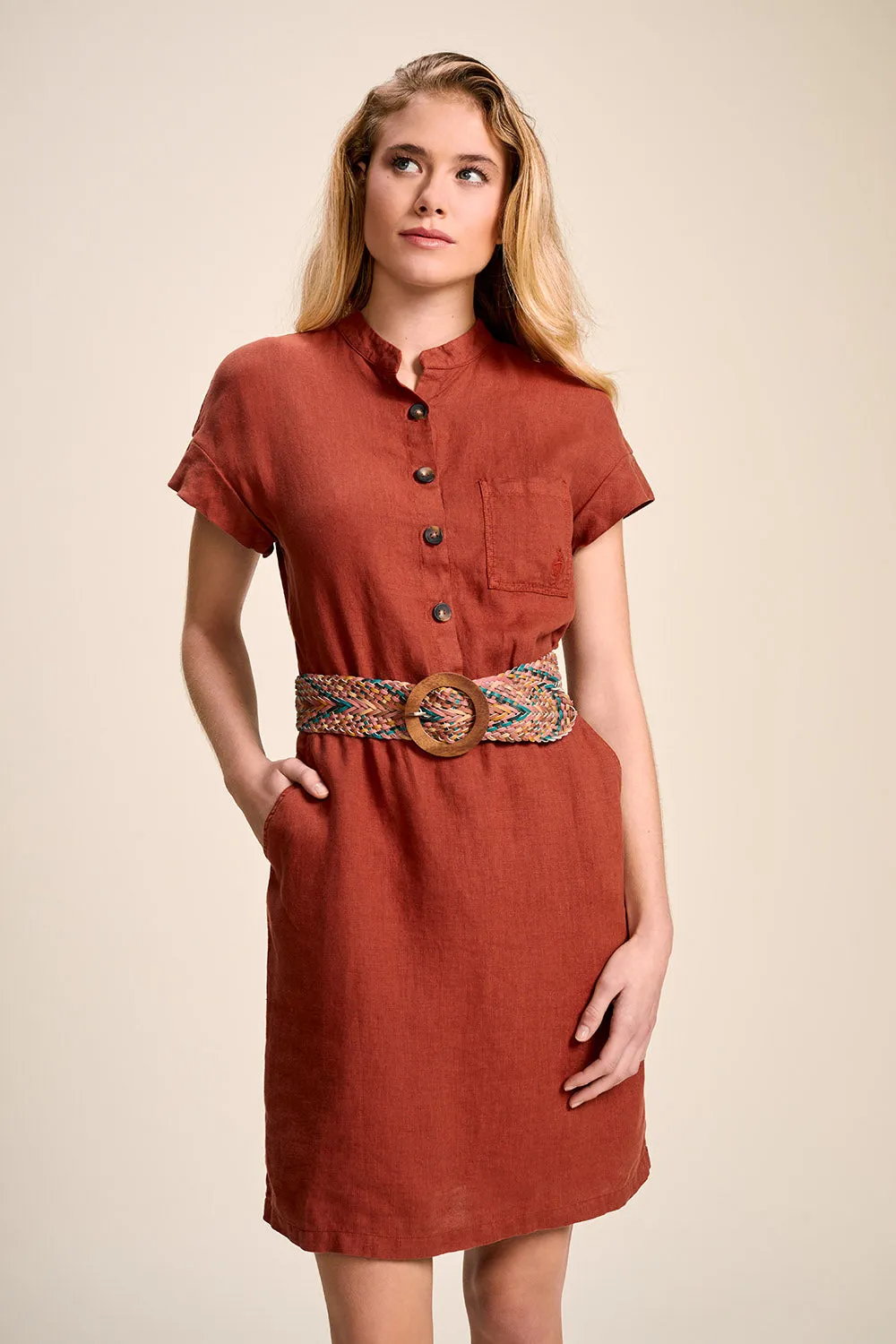 ROSALIE - Linen chestnut robe with mandarin collar