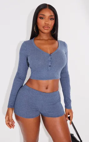 Ribbed Blue Mottled Long-Sleeved Button Front Top Shape