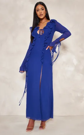 Cobalt Blue Maxi Dress with Ruffles and Long Sleeves