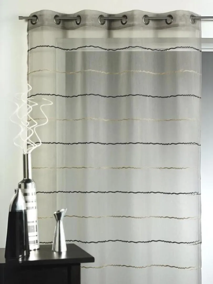 Taupe horizontal striped fancy curtain in muslin.